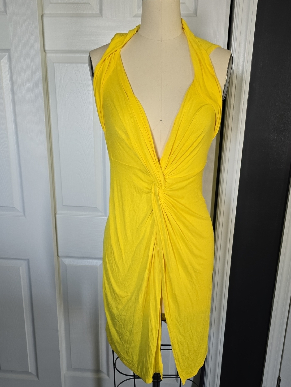 P LUCA Milano Yellow Twist-Front Halter Mini Dressil, NEW!